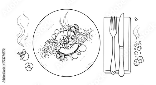 Elegant hand-drawn gourmet food plate top view, artistic plating, fresh herbs, cutlery on napkin, steam rising, fine line culinary illustration. Minimal luxury dining style, white background, 