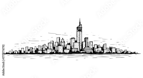 Hand-drawn panoramic city skyline with tall modern buildings, towers, apartments, urban landscape sketch. Fine ink lines, minimal aesthetic, wide composition, architecture drawing, white background, e