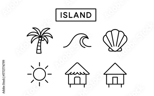 Island theme minimalist icons collection: palm, wave, shell, sun, hut