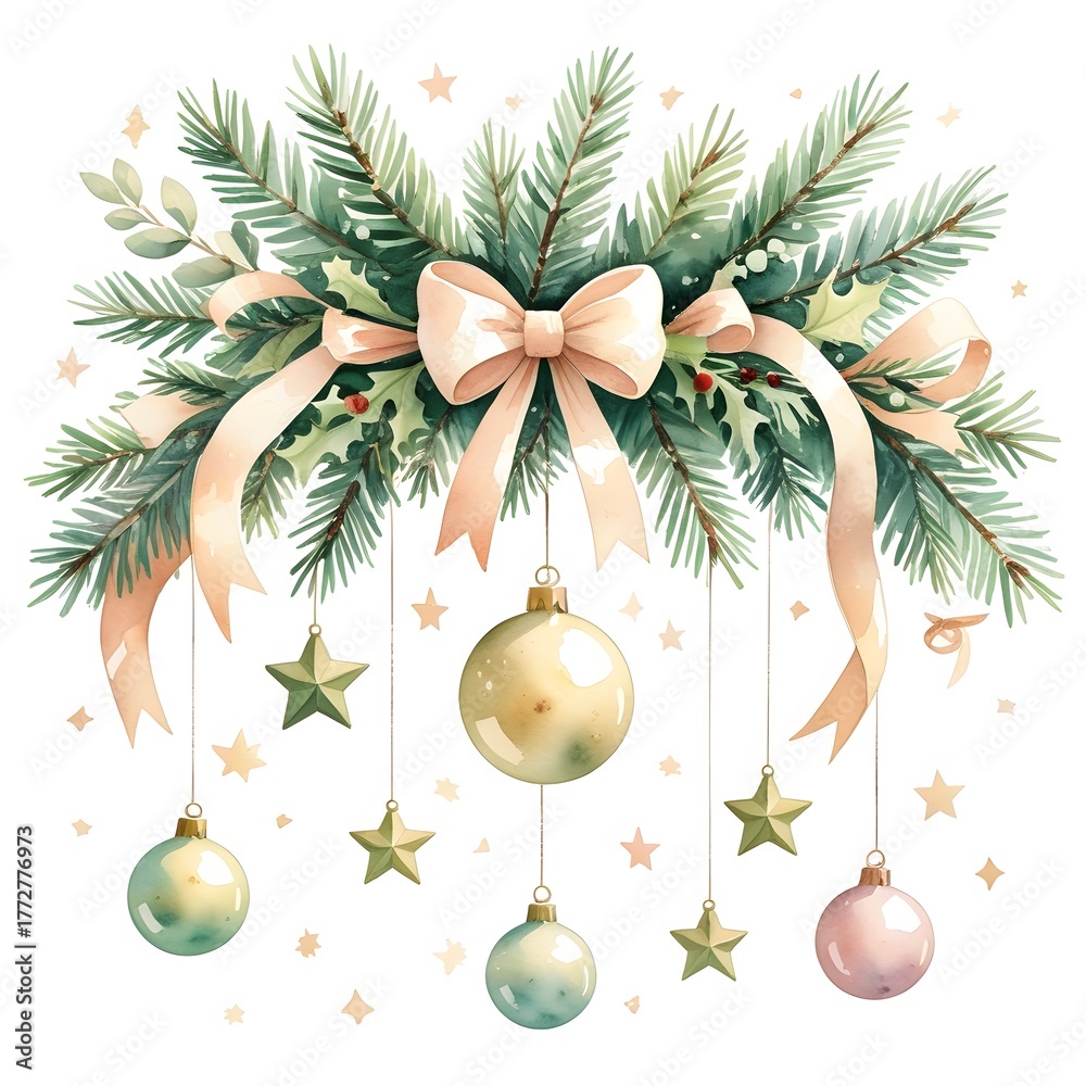 © Olena Dmitriieva - Watercolor Christmas garland with pine branches, soft pink bow, gold ornaments and green stars, elegant festive holiday decoration art