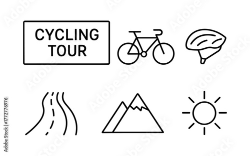 Cycling tour icons: road, mountains, and sun in simple black and white