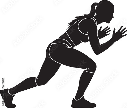 Dynamic silhouette of a female athlete in a focused, ready-to-run pose, capturing the essence of speed, strength, and athletic pursuit in sports and fitness training