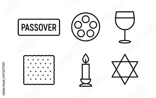 Passover symbols: seder plate, wine glass, matzah, candle, star of david in linear style