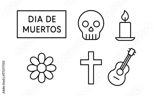 Dia de muertos simple line symbols featuring skull, candle, and guitar