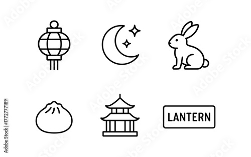 Minimalist mid-autumn festival icons: lantern, moon, rabbit, dumpling, pagoda