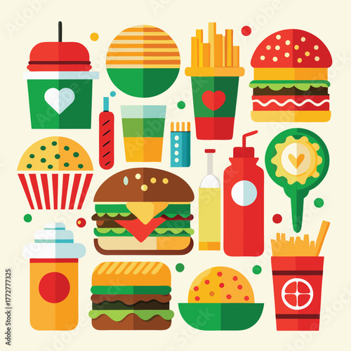 An illustration of various burger and fast-food items