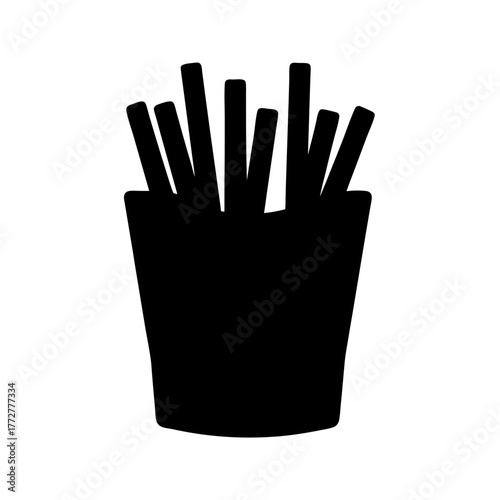 Simple black silhouette of french fries in a container on white