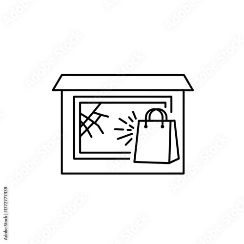 Storefront with Broken Window and Shopping Bag Line Art.
