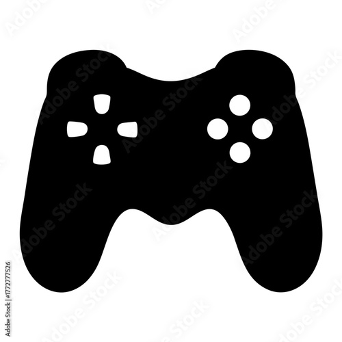 Black silhouette of video game controller icon, Simple black icon of a gaming controller with buttons and grips, symbolizing video games, entertainment, esports, or digital play.
