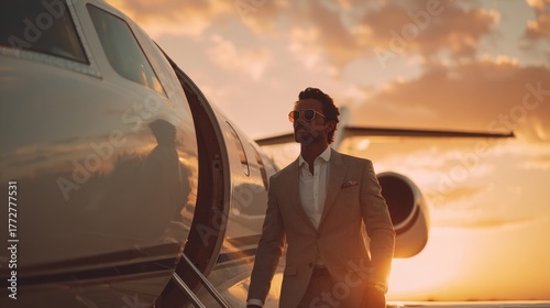A well-dressed man steps out of a private jet, wearing sunglasses and a tailored suit. The sky is painted with orange and pink hues as sunset approaches.