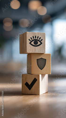 Business Security, Risk Management and Compliance Concept with Eye, Shield and Check Mark Icons on Wooden Cubes, Monitoring, Audit, Corporate Protection and Authorization Processes, vertical bg