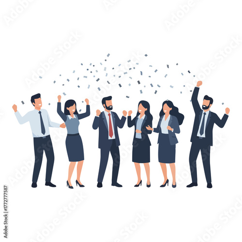 A group of business people are celebrating a success with confetti falling.