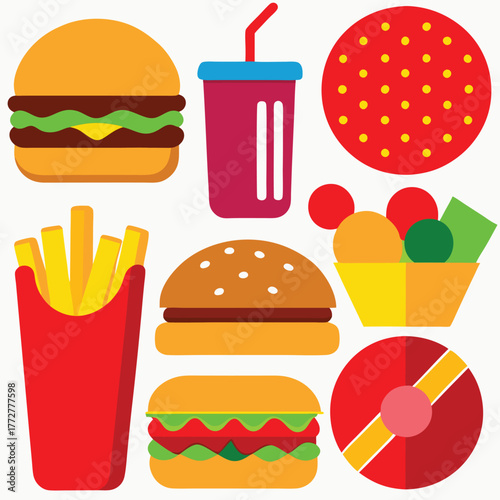 An illustration of various burger and fast-food items