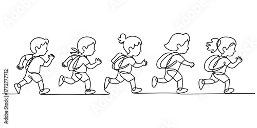 Continuous line drawing of a group of energetic children running with backpacks vector