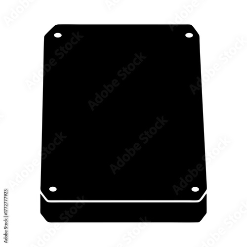 Black rectangular electrical enclosure with four corner holes over a white background