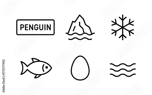 Minimalist arctic symbols featuring penguin, iceberg, and snowflake