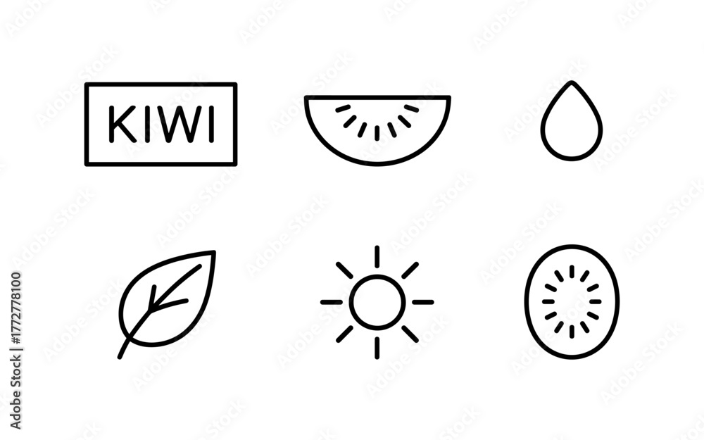 Obraz premium Simple linear icons of kiwi, sun, and nature elements