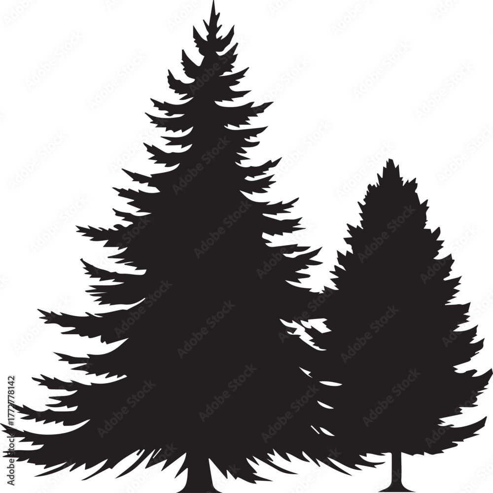 Obraz premium Two majestic evergreen trees stand in silhouette against a serene backdrop, their unique shapes evoking a sense of tranquility and the beauty of nature.