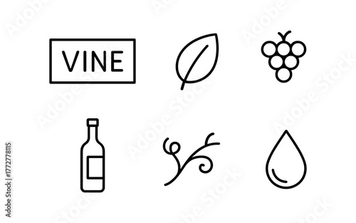 Minimalist wine and vineyard icons set in linear style
