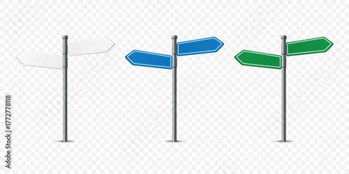 Vector 3d Realistic White, Blue and Green Direction Signpost with Two Blank Arrows Isolated. Street Road Guide Pointer Set. Signpost Design Template, Front View