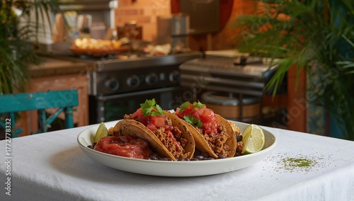 Tacos filled with meat, bea...
