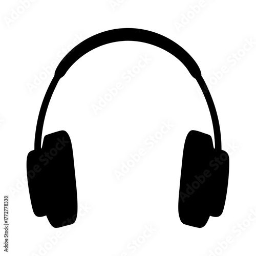 Stylized black silhouette of headphones over white background for musical entertainment