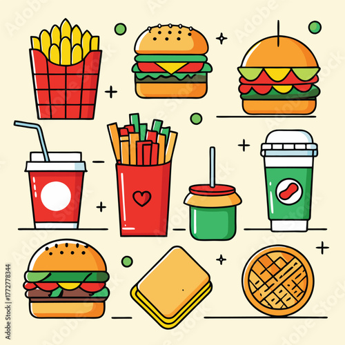 An illustration of various burger and fast-food items