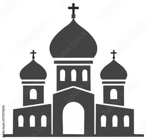 Monochrome Orthodox Church Illustration with Crosses and Domes Religious Building