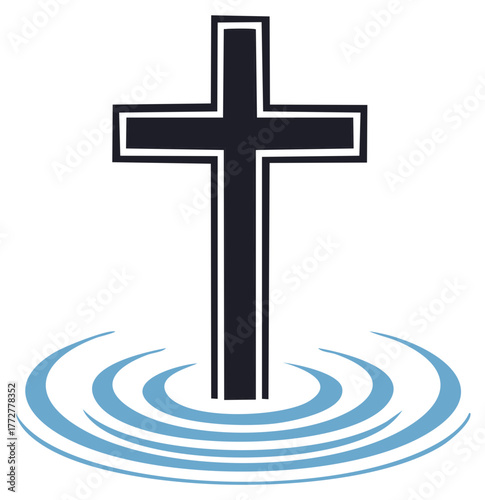 Vector illustration of a Christian cross in water symbolizing baptism and faith