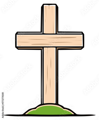 Stylized wooden cross on green hill illustration
