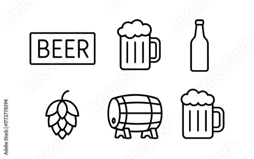 Minimalist beer icon set with line art style and beer related symbols