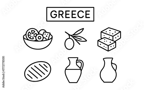 Greek cuisine icons: olive branch, salad, cheese, bread, jug