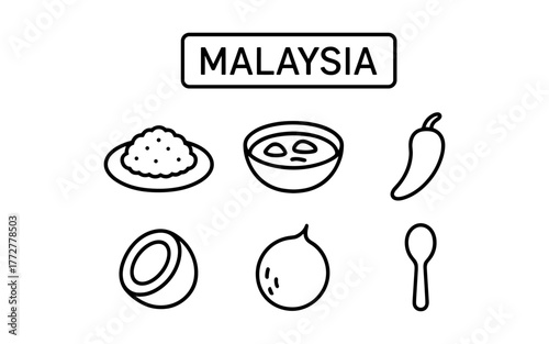 Malaysian cuisine icon set with national dishes and ingredients in linear style