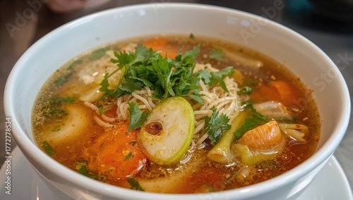 A steaming bowl filled with...