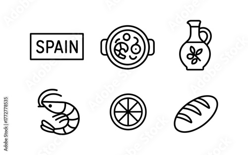 Spanish culinary icons: paella, olive oil, shrimp, citrus, sourdough in linear design