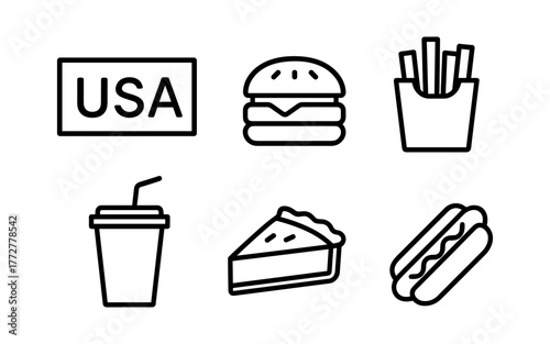 Classic american food icons in minimalist linear style