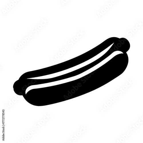 Black silhouette of hot dog in bun icon, Simple black icon of a hot dog with sausage in a bun, symbolizing fast food, snacks, grilling, or American street food.
