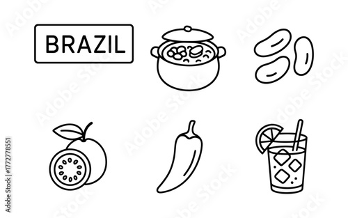 Brazilian cuisine icons: feijoada, guava, pepper, and cocktail in linear style