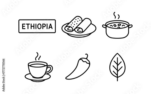 Ethiopian cuisine elements: traditional dishes, coffee, and spices in linear style