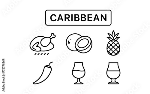 Caribbean food and drink icons featuring coconut, pineapple, and rum
