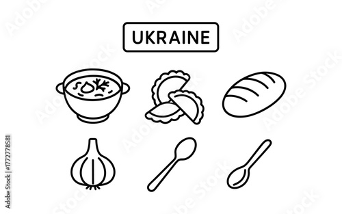 Ukrainian cuisine icons: borscht, vareniki, bread, garlic, spoon in linear style