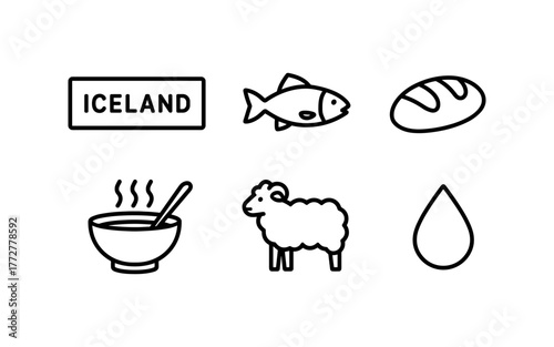 Simple icons representing icelandic culture: fish, bread, soup, sheep, water, sign