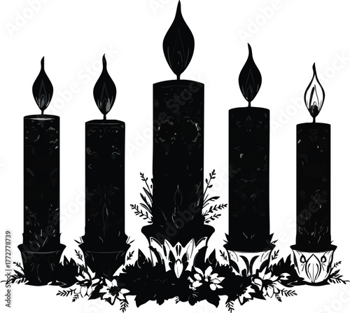 Five candle silhouettes with floral base and varied flame shapes isolated on white background for festive design