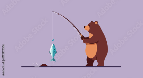 Illustrated brown bear fishing with fishing rod and blue fish on pastel background scenery
