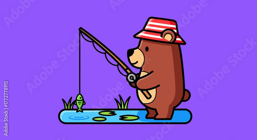 Cartoon brown bear wearing a striped hat fishing in a pond with a caught fish