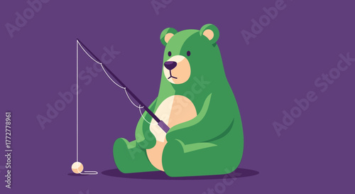 Whimsical depiction of a green bear enjoying a tranquil fishing excursion amidst nature