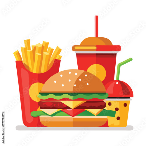 An illustration of various burger and fast-food items