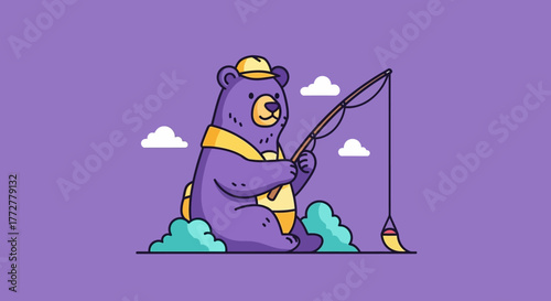 Whimsical bear angler patiently waits by the water in a charming cartoon illustration