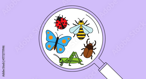 Illustrated insect collection under magnifying glass for playful educational illustration