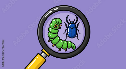 Entomology study magnifying insects cartoon illustration, a closer examination of a caterpillar